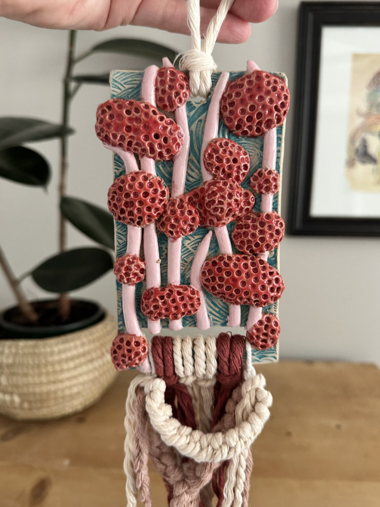 Coral reef inspired macrame and ceramic wall hanging